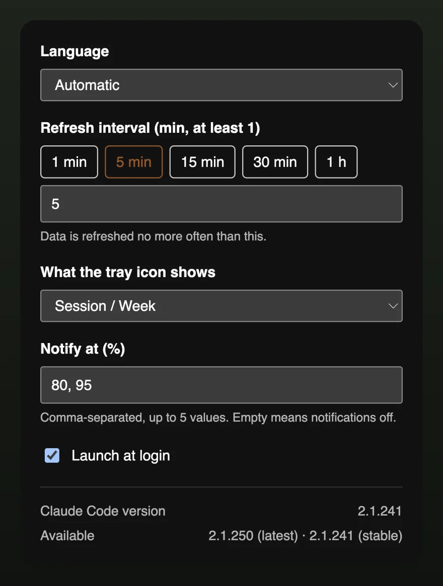 The settings window with language, refresh interval, tray icon content, notification thresholds and launch at login.