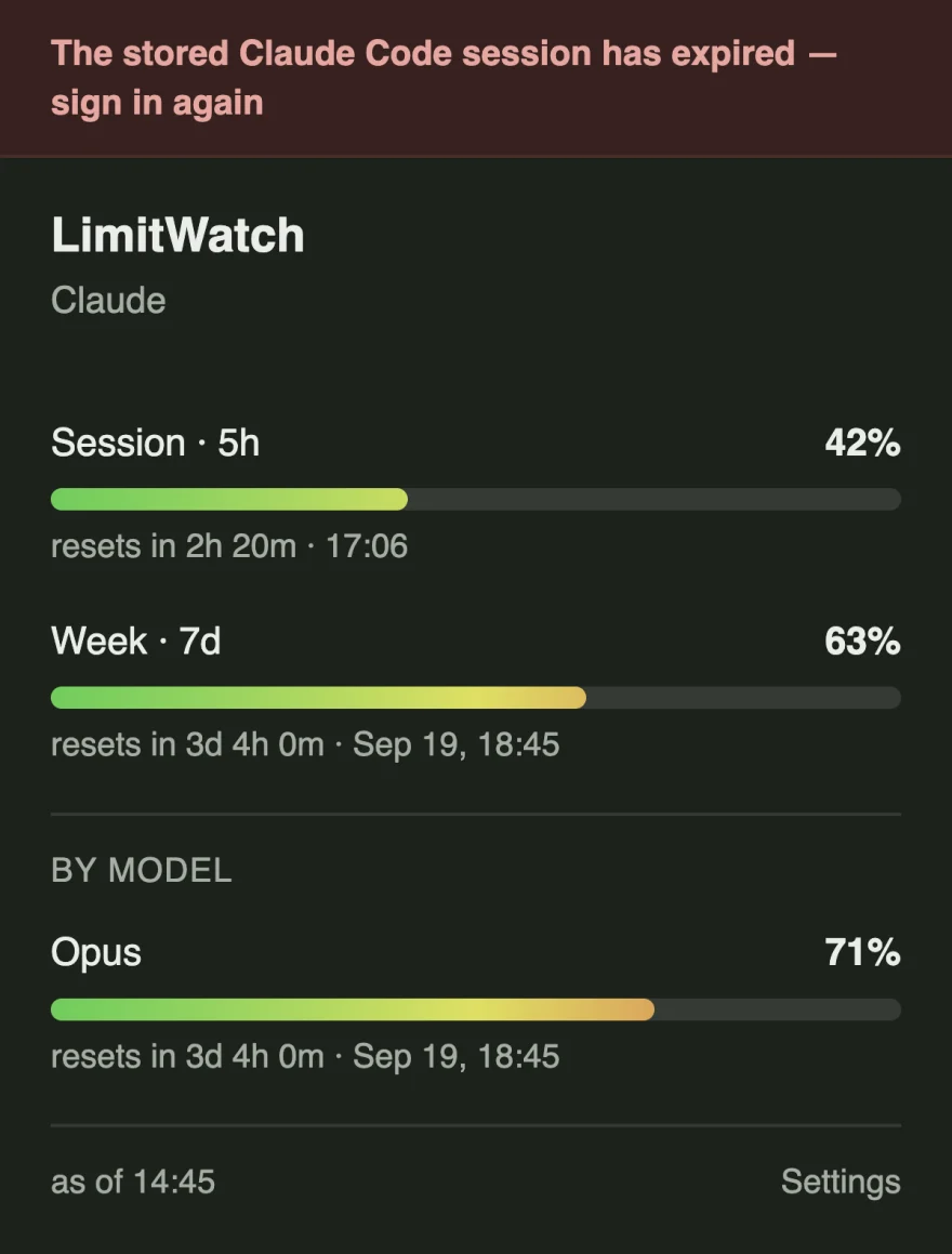 The panel with a red banner reading that the stored Claude Code session has expired, the last known percentages still listed below it, and a footer saying how old they are.